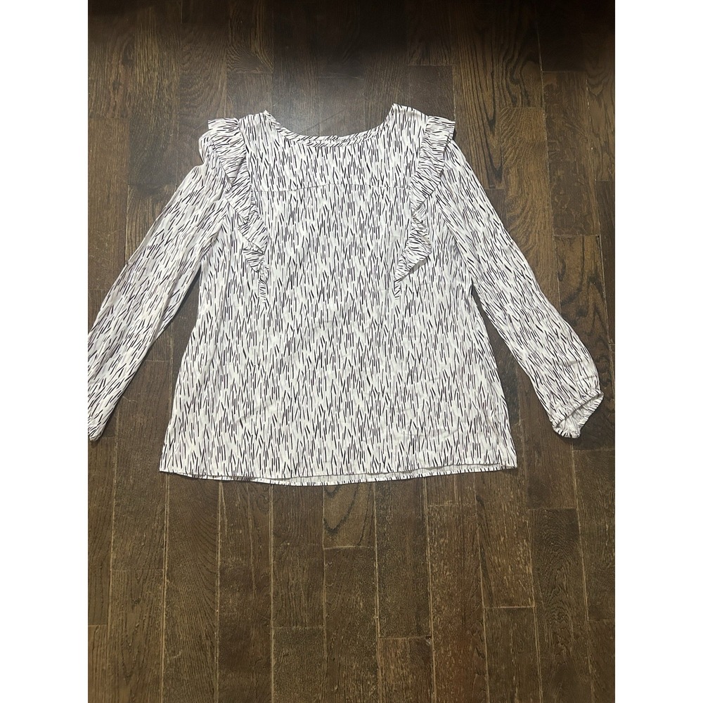 Loft M Top White Purple Ruffle  Blouse Cottage Coquette Boho Chic Career Casual